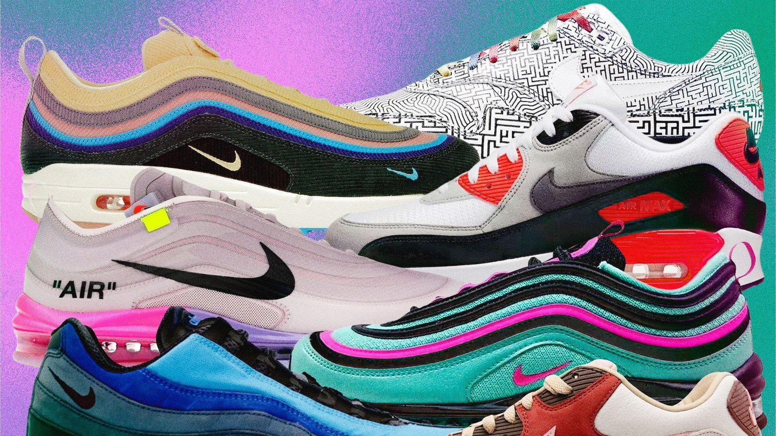 Kleurrijke verzameling Nike Air Max sneakers gestapeld